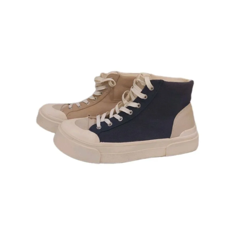 Limited H&M + GOOD NEWS Colab Navy/Sand Canvas Hightop Sneakers Women Sz 7 EU 39